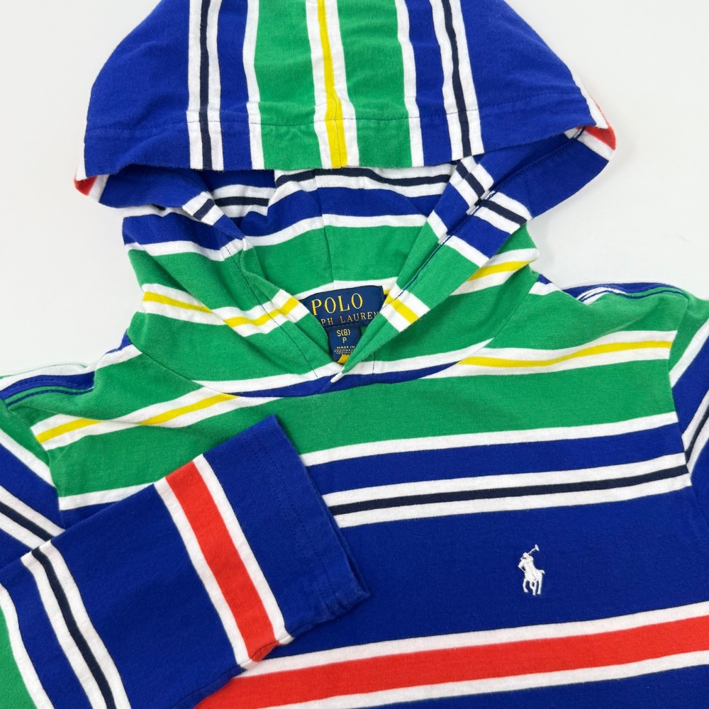 Polo Ralph Lauren Youth Small 8 Striped Hooded T-Shirt‎ Blue Green Orange